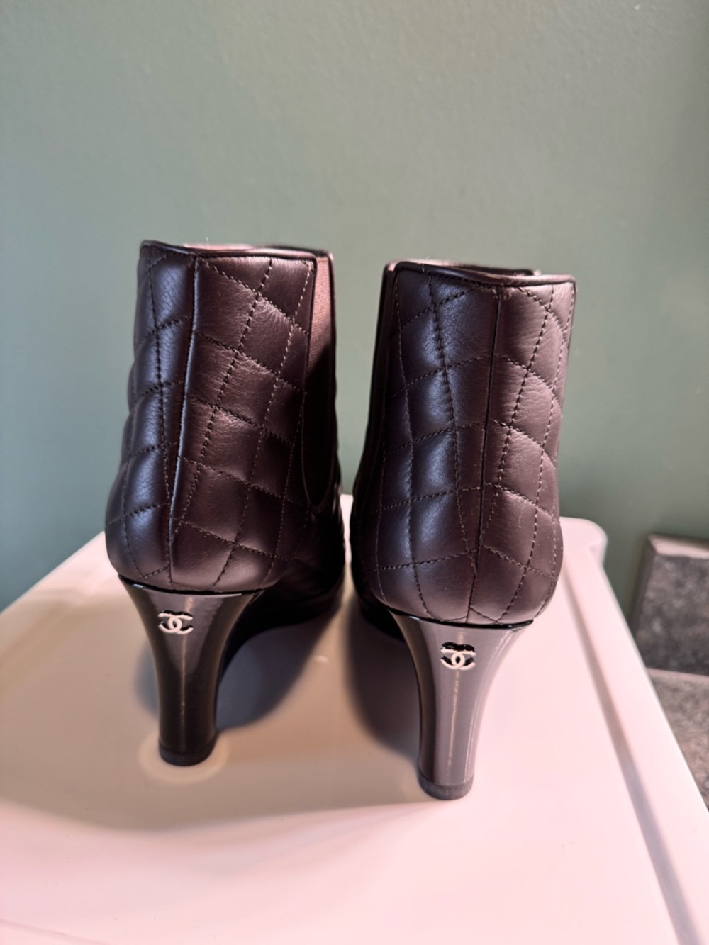 CHANEL Quilted Brown wedge Leather Ankle Booties with Black Patent Cap Toe - Picture 3 of 4